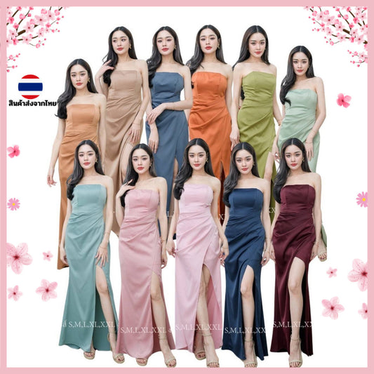 ชุดเดรสออกงาน ชุดราตรี เดรส Dress เปิดไหล่ ผ้าเครปซาติน ขายดี ไซส์ S-2XL ชุดเดรสออกงาน ชุดเดรส งานแต่งงาน Dresses Woman