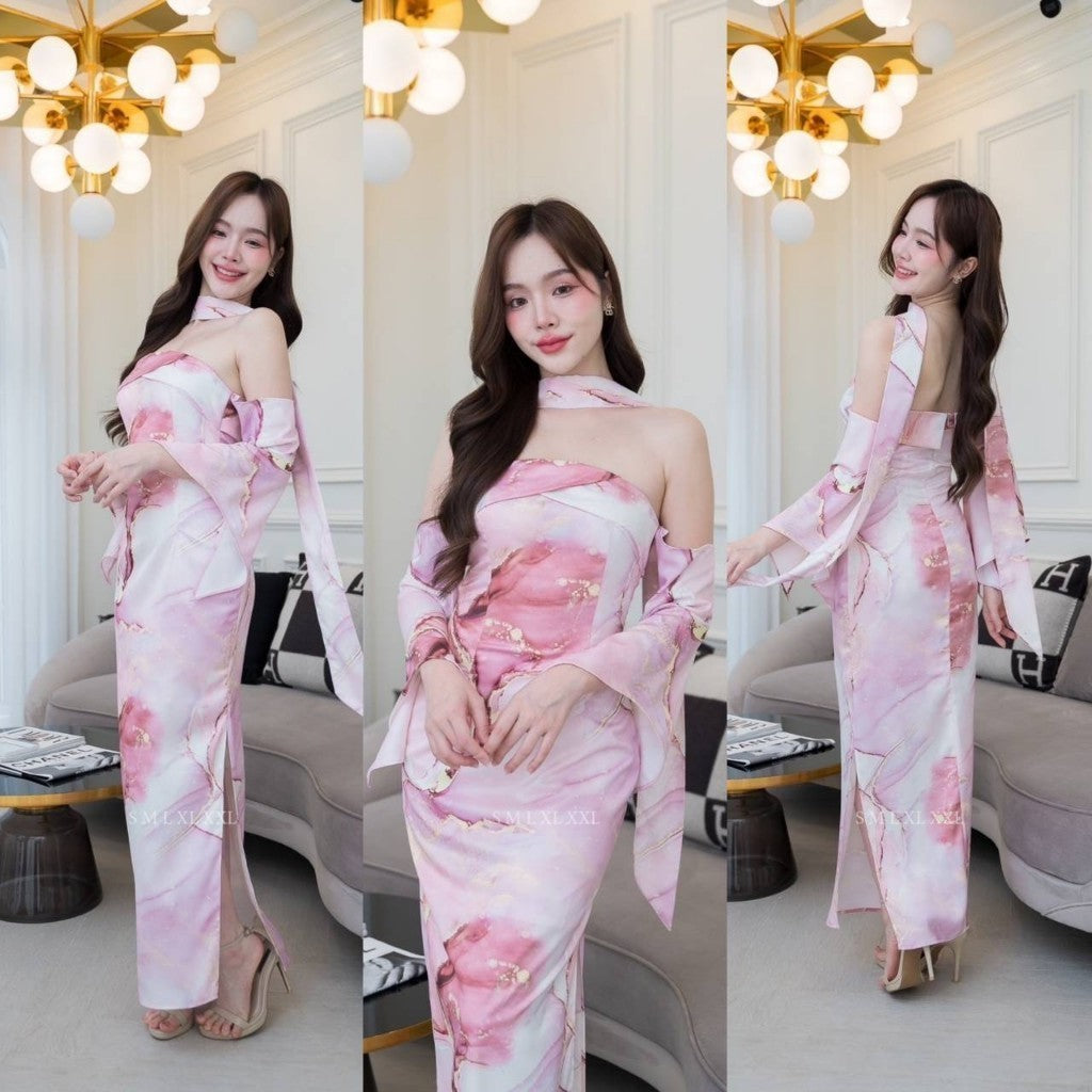 ชุดเดรสออกงาน ชุดราตรี เดรส Dress ชุดราตรี เดรสยาว ผ้าเครปซาติน พิมพ์ลาย เกาะอกยาว แขนย้อย งานแต่งงาน Woman Dresses