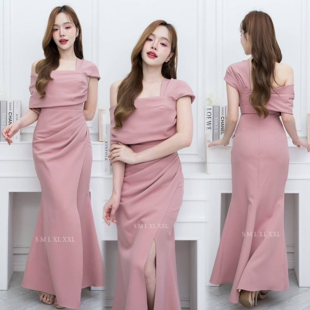 ชุดเดรสออกงาน ชุดราตรี เดรส Dress Daisy ชุดออกงาน เดรสยาว เกาะอกระบาย ปาดไหล่2ข้าง ชุดราตรี Woman