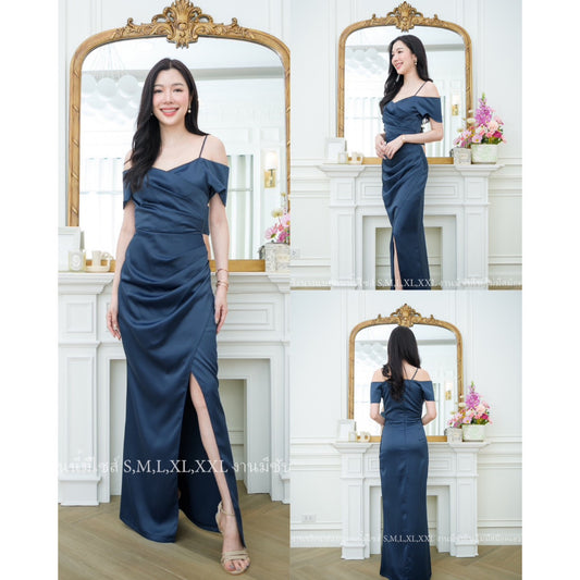 ชุดเดรสออกงาน ชุดราตรี เดรส Dress เดรสยาว มีแขน ผ้าเครปซาติน สวยหรู สง่างาม สายเดี่ยว โชว์ไหล่ รุ่นขายดี