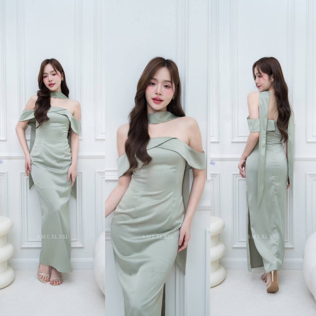 ชุดเดรสออกงาน ชุดราตรี เดรส Dress Gleam ผ้าเครป ซาติน ชุดไปงานแต่ง เปิดไหล่ สายอ้อมแขน แถมสาย Woman