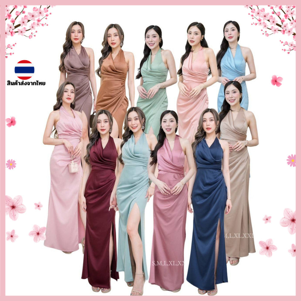 ชุดเดรสออกงาน ชุดราตรี เดรส Dress เดรสออกงาน ชุดไปงานแต่งงาน เดรสยาว คอถ่วง คล้องคอ ผูกโบว์หลัง ชุดเดรสสวยๆ