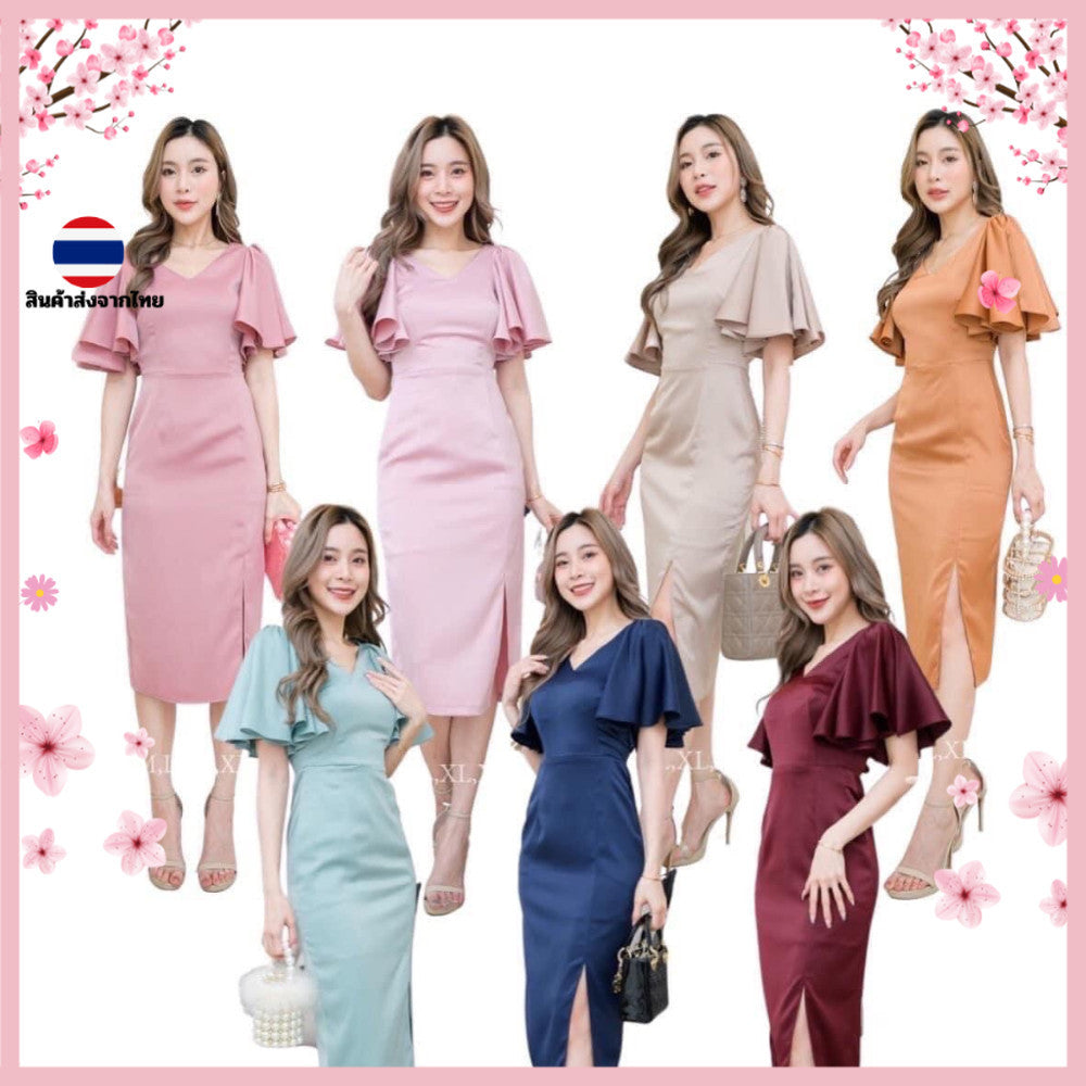 ชุดเดรสออกงาน ชุดราตรี เดรส Dress เดรสสั้น คอวี แขนระบาย ผ้าเครปซาติน ชุดออกงาน งานแต่งงาน ผู้หญิง ซิปหลัง ซับใน