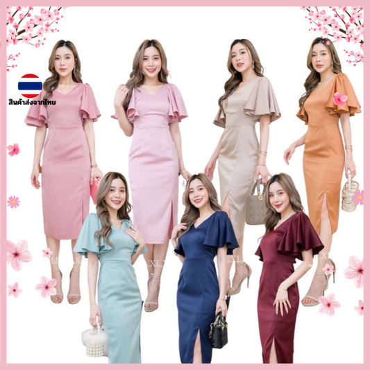 ชุดเดรสออกงาน ชุดราตรี เดรส Dress เดรสสั้น คอวี แขนระบาย ผ้าเครปซาติน ชุดออกงาน งานแต่งงาน ผู้หญิง ซิปหลัง ซับใน