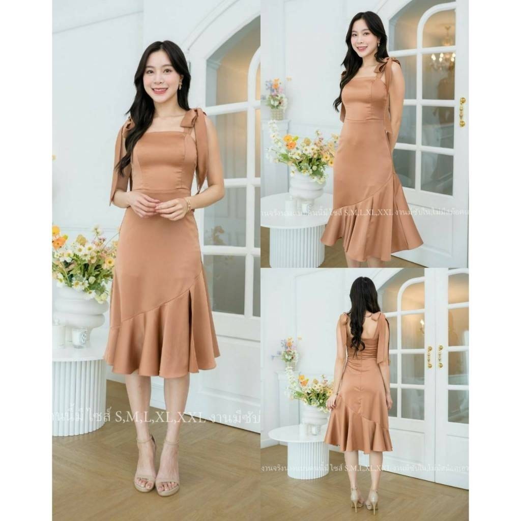 ชุดเดรสออกงาน ชุดราตรี เดรส Dress เดรสสั้น โบว์ไหล่ กระโปรงหางปลา ระบาย ผ้าซาติน งานแต่งงาน ผู้หญิง  ซิปหลัง ซับใน