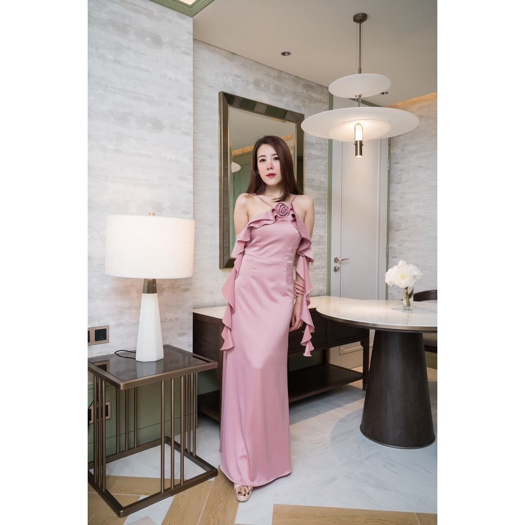 เดรสยาว ชุดราตรียาว เดรสออกงาน FIORA ผ้าเครป ซาติน สายเดี่ยว มีดอกไม้ สายเกลียว ผู้หญิง Woman Dress