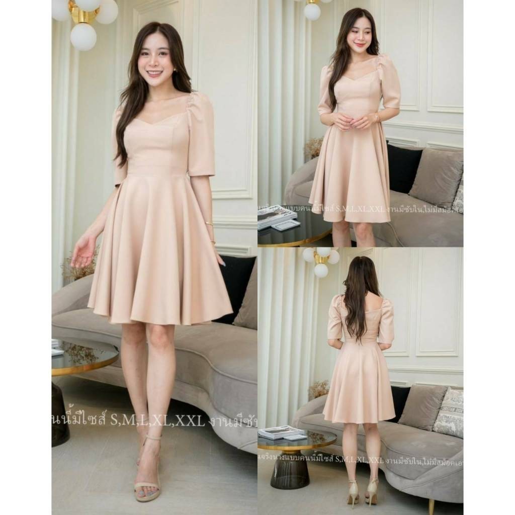 ชุดเดรสออกงาน ชุดราตรี เดรส Dress เดรสสั้น แขนตุ๊กตา กระโปรงพริ้ว พร้อมส่ง S-2XL เดรสสั้นน่ารักๆ เดรสสาวอวบ