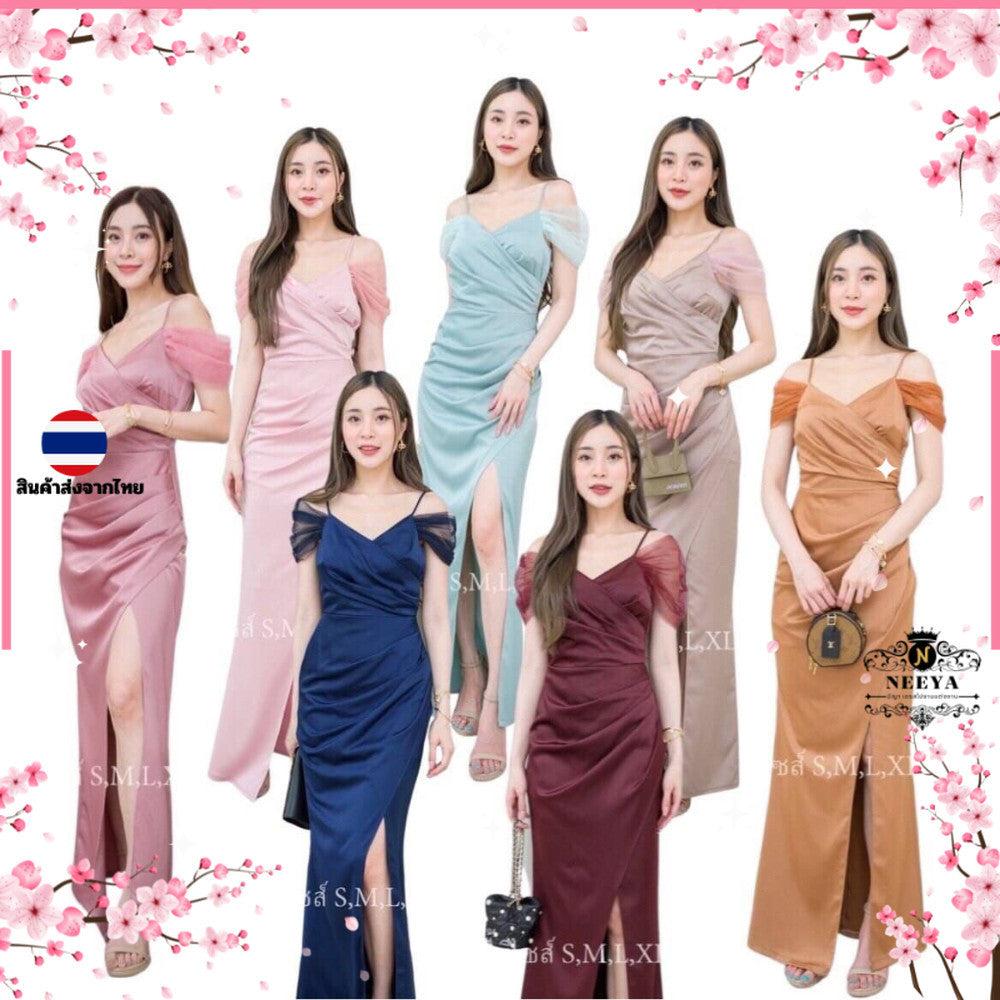ชุดเดรสออกงาน ชุดราตรี เดรส Dress ชุดออกงาน เดรสยาว ชุดราตรี ผ้าชีฟอง คล้องไหล่ งานแต่งงาน ผู้หญิง ซิปหลัง ซับใน