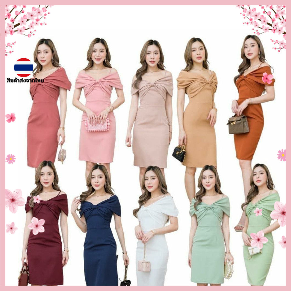 ชุดเดรสออกงาน ชุดราตรี เดรส Dress เดรสสั้น โบว์ 2 ชั้น ผ้าบาร์บี้ น่ารักมาก ขายดี งานแต่งงาน