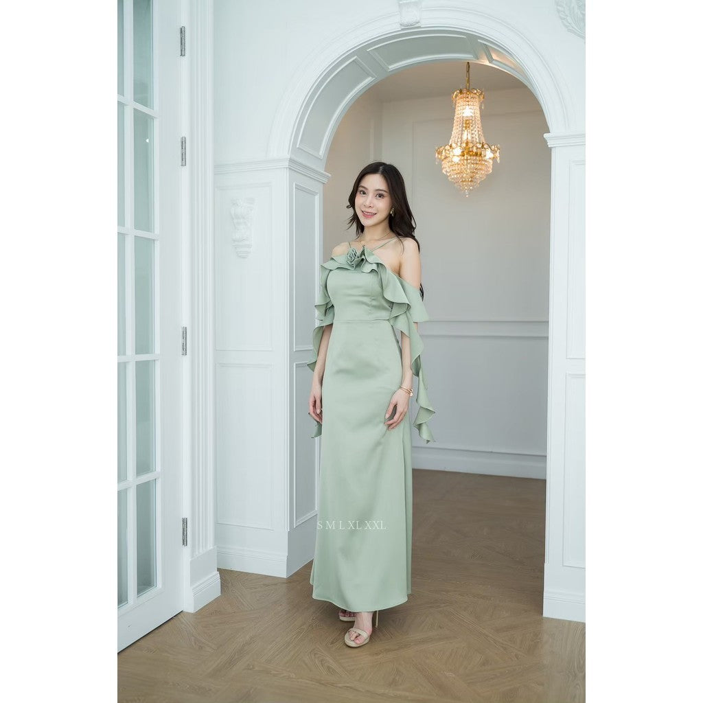 เดรสยาว ชุดราตรียาว เดรสออกงาน FIORA ผ้าเครป ซาติน สายเดี่ยว มีดอกไม้ สายเกลียว ผู้หญิง Woman Dress