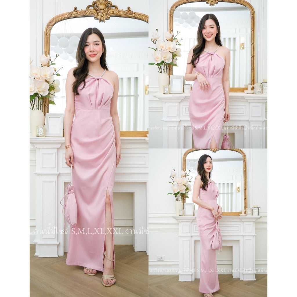 ชุดเดรสออกงาน ชุดราตรี เดรส Dress ชุดเดรสออกงาน ชุดเพื่อนเจ้าสาว เดรสยาว สายเพชร คล้องคอ งานแต่งงาน Dresses Lady