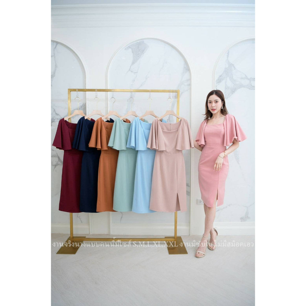 ชุดเดรสออกงาน ชุดราตรี เดรส Dress ชุดเดรส เดรสสั้น ชุดออกงาน คลุมไหล่ ระบายแขน งานแต่งงาน ผู้หญิง ซิปหลัง ซับใน