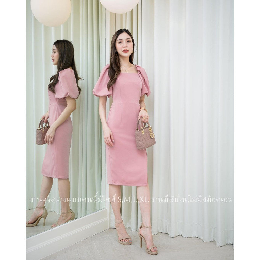 ชุดเดรสออกงาน ชุดราตรี เดรส Dress ผ้าฮานาโกะ แขนพอง น่ารัก เรียบร้อย มีซิปหลัง ซับใน งาน ช่วงเย็น เสื้อคอเว้า