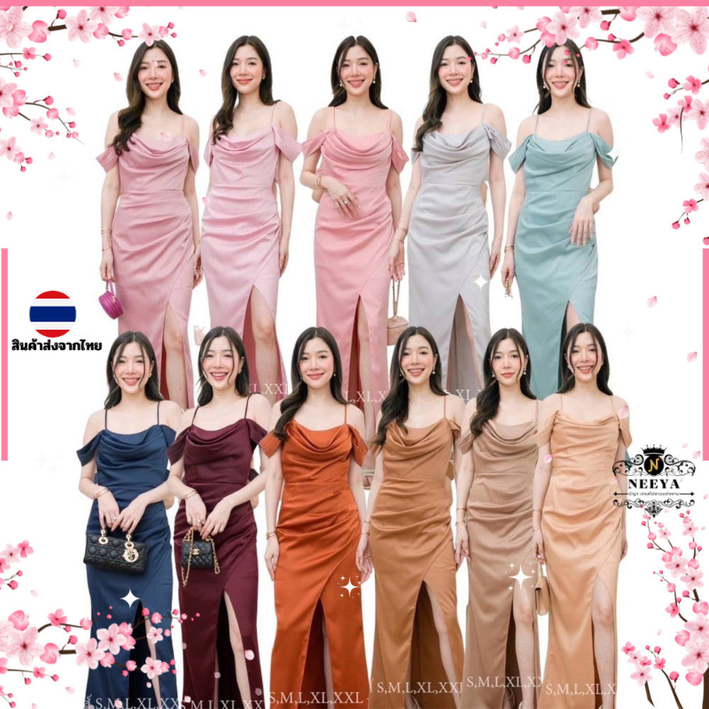 ชุดเดรสออกงาน ชุดราตรี เดรส Dress เรียบหรู เครปซาติน สายเดี่ยว คล้องแขน ชุดเดรสยาว