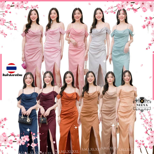 ชุดเดรสออกงาน ชุดราตรี เดรส Dress เรียบหรู เครปซาติน สายเดี่ยว คล้องแขน ชุดเดรสยาว