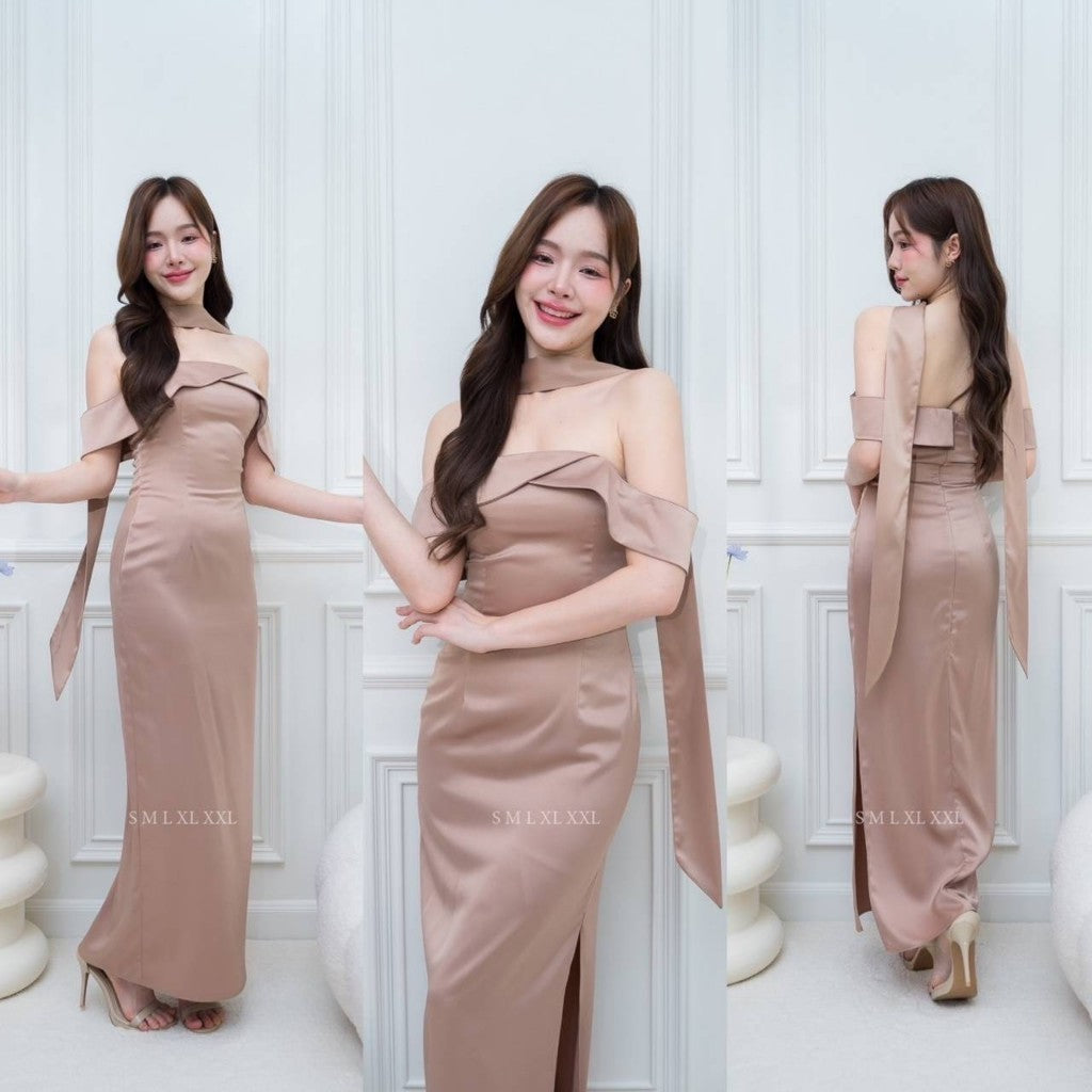 ชุดเดรสออกงาน ชุดราตรี เดรส Dress Gleam ผ้าเครป ซาติน ชุดไปงานแต่ง เปิดไหล่ สายอ้อมแขน แถมสาย Woman