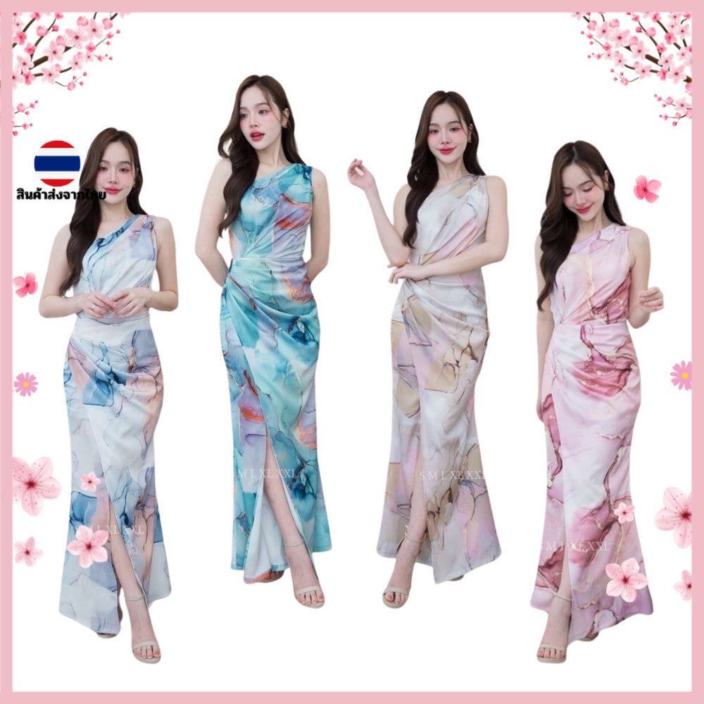 ชุดเดรสออกงาน ชุดราตรี เดรส Dress ชุดออกงาน ผ้าเครปซาติน พิมพ์ลาย ไหล่เบี่ยง จีบเอว ชุดราตรี Woman Dresses