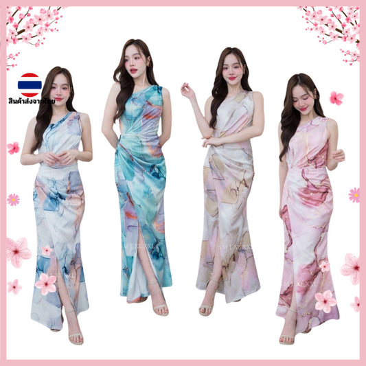 ชุดเดรสออกงาน ชุดราตรี เดรส Dress ชุดออกงาน ผ้าเครปซาติน พิมพ์ลาย ไหล่เบี่ยง จีบเอว ชุดราตรี Woman Dresses