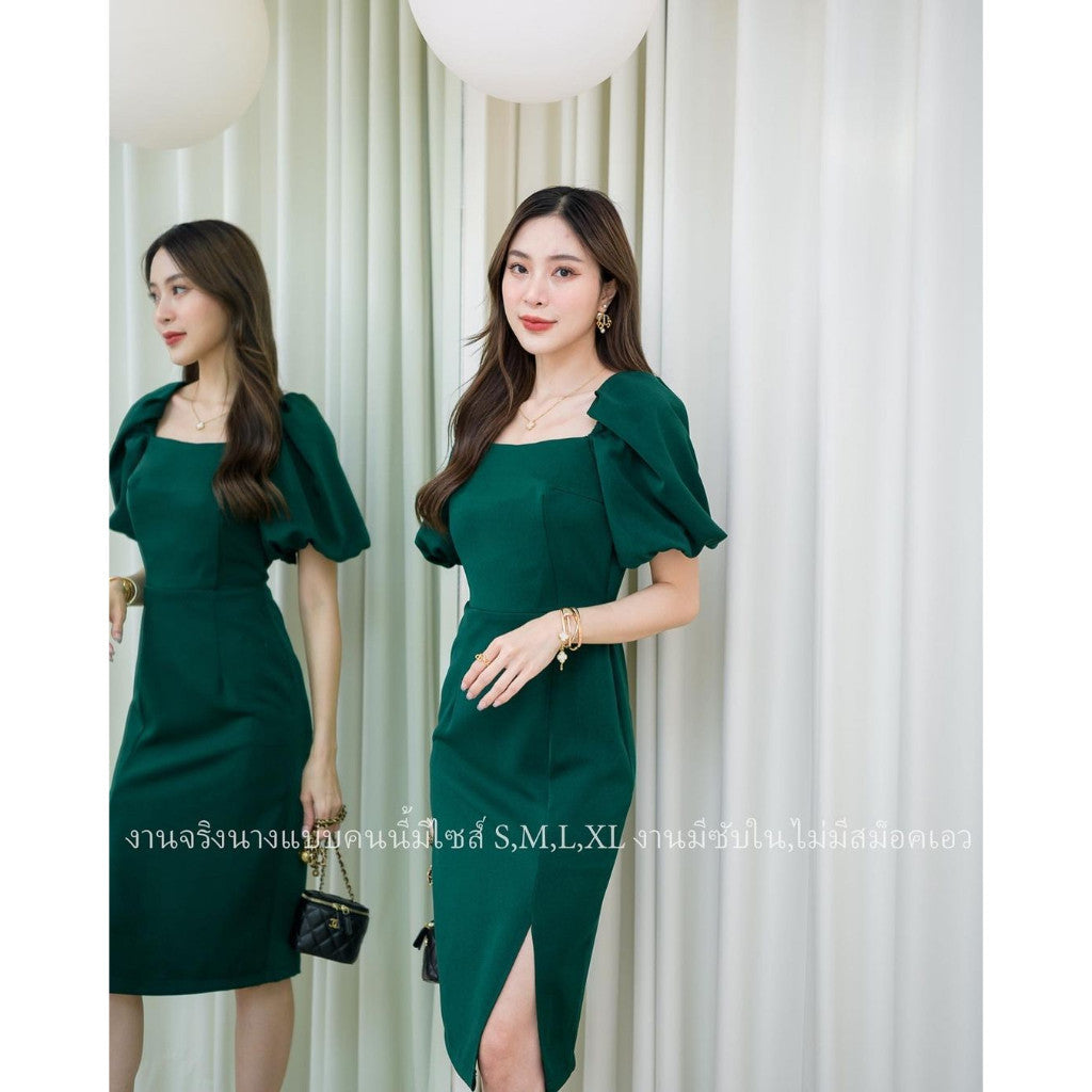 ชุดเดรสออกงาน ชุดราตรี เดรส Dress ผ้าฮานาโกะ แขนพอง น่ารัก เรียบร้อย มีซิปหลัง ซับใน งาน ช่วงเย็น เสื้อคอเว้า