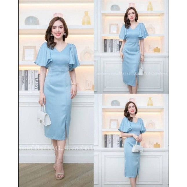 ชุดเดรสออกงาน ชุดราตรี เดรส Dress เดรสสั้น คอวี แขนระบาย ผ้าเครปซาติน ชุดออกงาน งานแต่งงาน ผู้หญิง ซิปหลัง ซับใน