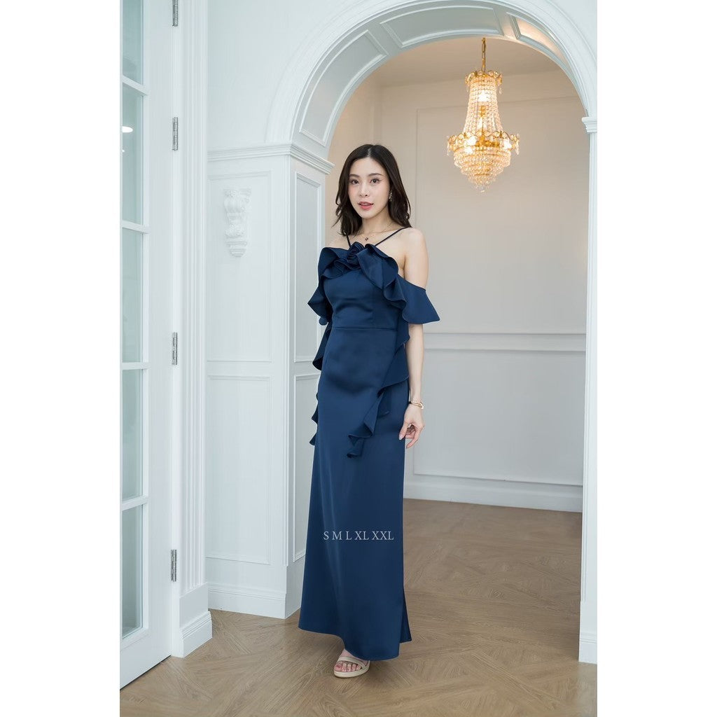 เดรสยาว ชุดราตรียาว เดรสออกงาน FIORA ผ้าเครป ซาติน สายเดี่ยว มีดอกไม้ สายเกลียว ผู้หญิง Woman Dress