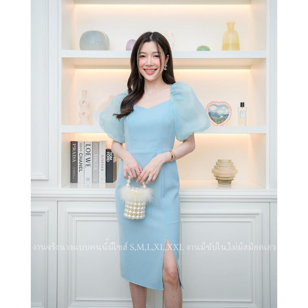 ชุดเดรสออกงาน ชุดราตรี เดรส Dress ผ้าฮานาโกะ เดรสเรียบร้อย แขนพองผ้าออแกนดี้ เดรสออกงาน มีหลายสี ชุดขายดี