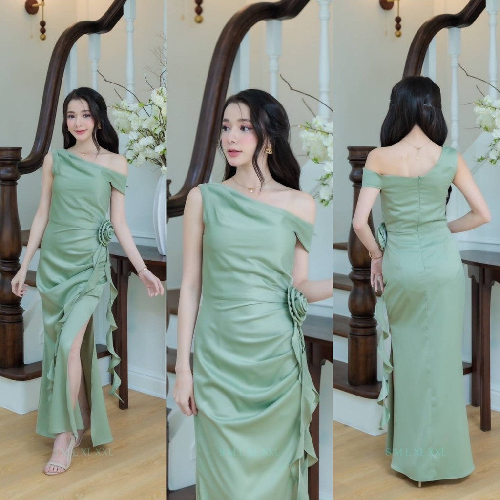 เดรสยาว ชุดออกงาน ชุดตรีม ธีมสีเขียว ชาเขียว ชุดเดรสสีเขียว ชุดไปงาน เดรสสวยๆ พร้อมส่ง Dress Woman