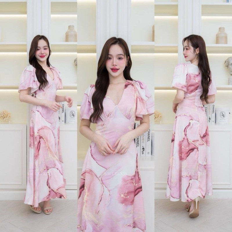 เดรสยาว ชุดเดรส ชุดออกงาน ชุดราตรี NX276 คอวี พิมพ์ลาย กระโปรงบาน ผ้าพิมพ์ลาย ผู้หญิง Dress Dresses