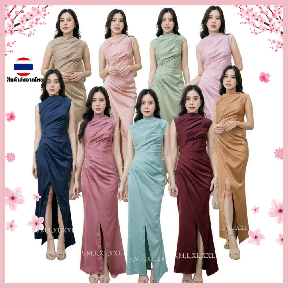 ชุดเดรสออกงาน ชุดราตรี เดรส Dress เดรสออกงาน ชุดไปงานแต่งงาน เดรสยาว แขนกุด จีบสะโพก ชุดเดรส งานแต่งงาน Dresses