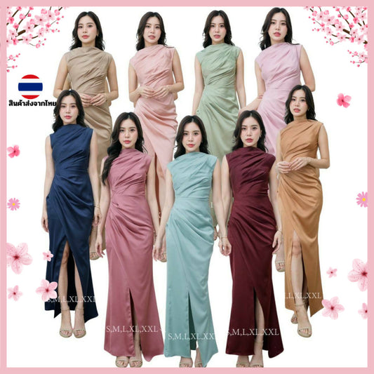 ชุดเดรสออกงาน ชุดราตรี เดรส Dress เดรสออกงาน ชุดไปงานแต่งงาน เดรสยาว แขนกุด จีบสะโพก ชุดเดรส งานแต่งงาน Dresses
