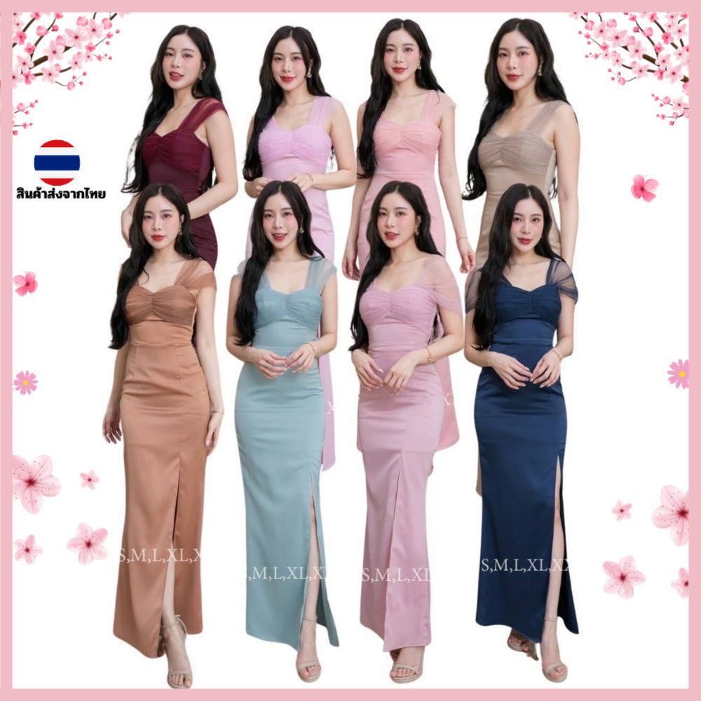 ชุดราตรี ชุดเดรสออกงาน ชุดราตรี เดรส Dress ผ้าเครปซาติน เดรสยาวมุ้งไหล่ ใส่ได้หลายแบบ ไซส์ S-2XL ชุดเดรส Dresses Woman