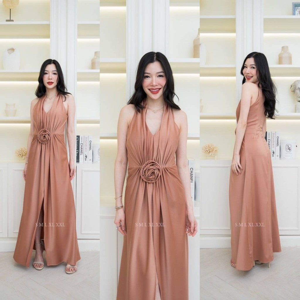 เดรสยาว ชุดออกงาน ชุดตรีม ธีมน้ำตาล ชุดราตรีสีน้ำตาล ชุดไปงาน เดรสงานแต่ง พร้อมส่ง Dress Woman