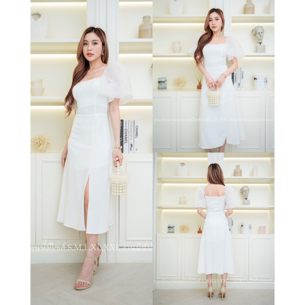 ชุดเดรสออกงาน ชุดราตรี เดรส Dress ชุดเดรส แขนพอง เดรสยาว ชุดออกงาน ชุดราตรี ผ้าออแกนดี้ ไซส์ S M L XL XXL งานแต่งงาน