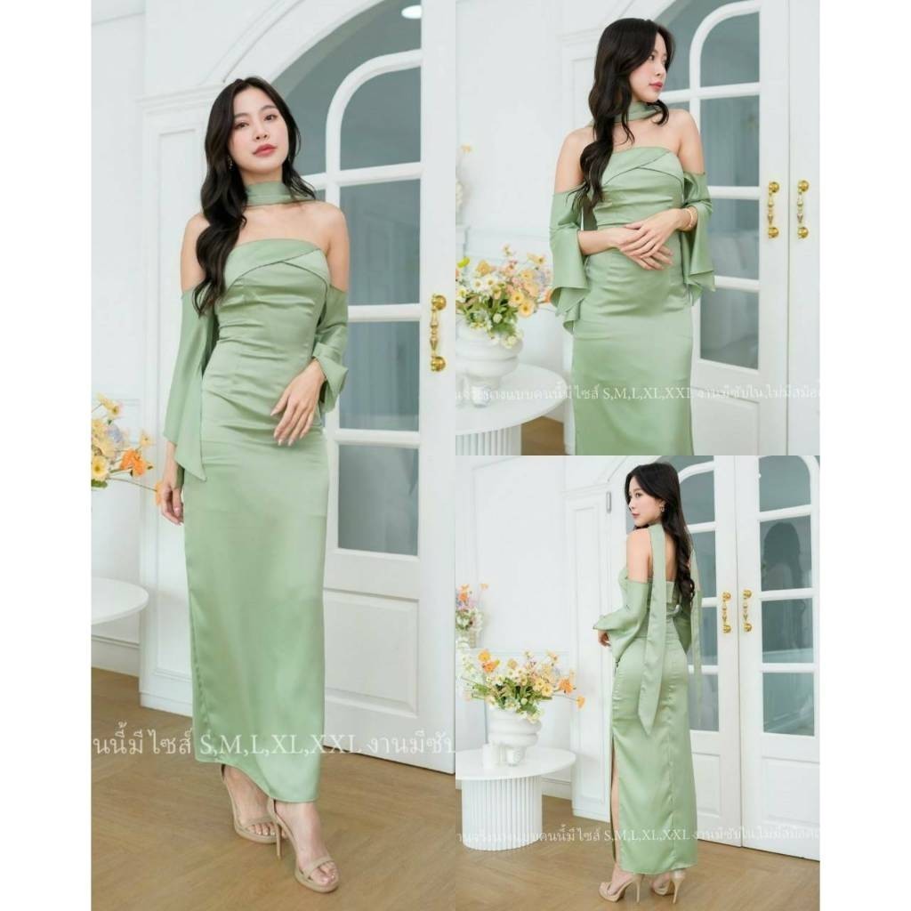 ชุดเดรสออกงาน ชุดราตรี เดรส Dress ผ้าเครปซาติน สวยหรู ไซส์ S-2XL เกาะอก แขนยาว เดรสยาว Woman Wedding Dresses