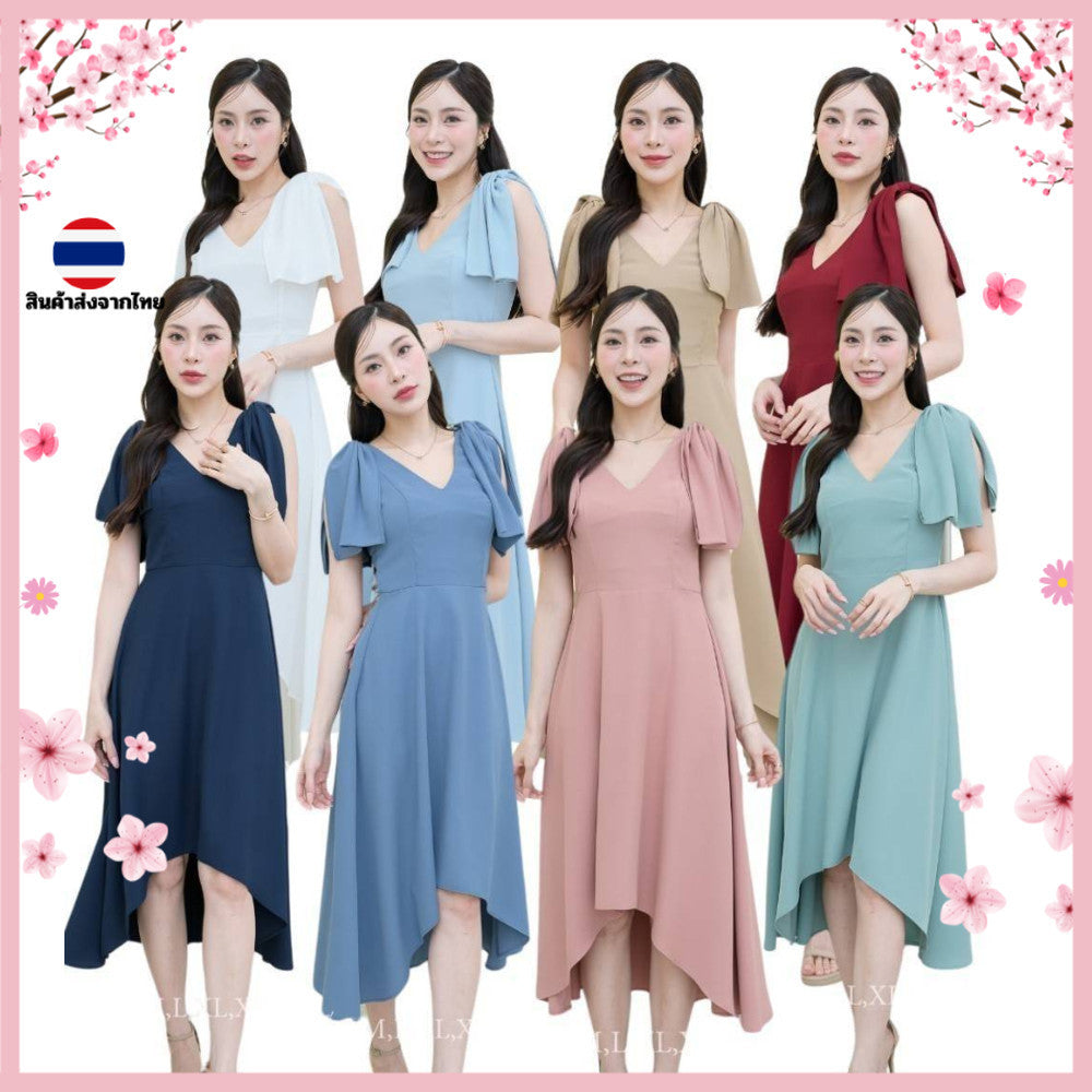 ชุดเดรสออกงาน ชุดราตรี เดรส Dress เดรสออกงาน ชุดไปงานแต่งงาน โบว์ไหล่ กระโปรงไล่พริ้ว หน้าสั้นหลังยาว สะโพกฟรี สวย
