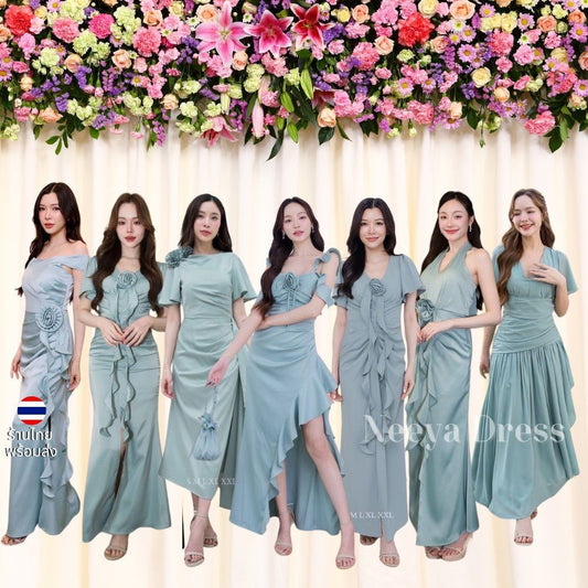 เดรสยาว ชุดออกงาน ชุดตรีม ธีมเขียว ชุดราตรี สีเขียวมิ้นท์อมฟ้า เดรสงานแต่ง พร้อมส่ง Dress Woman