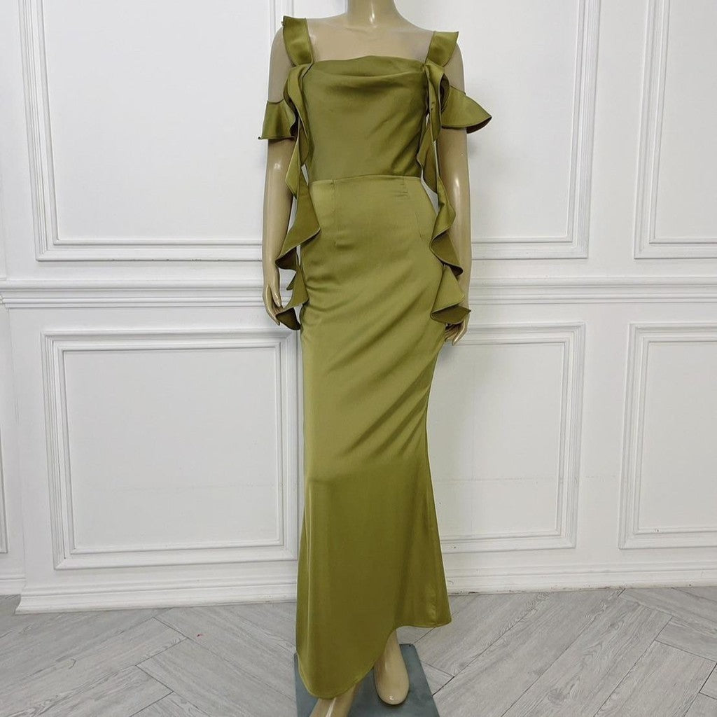 เดรสยาว ชุดเดรส ชุดราตรี NP033 เกรดพรีเมี่ยม แต่งระบาย สายเกลียว 4 เส้น คอถ่วง Woman Dress ผู้หญิง