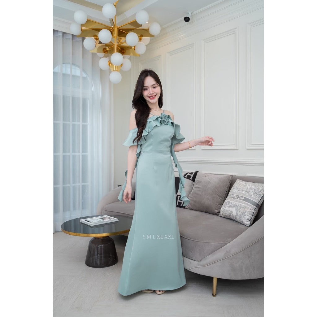 เดรสยาว ชุดราตรียาว เดรสออกงาน FIORA ผ้าเครป ซาติน สายเดี่ยว มีดอกไม้ สายเกลียว ผู้หญิง Woman Dress