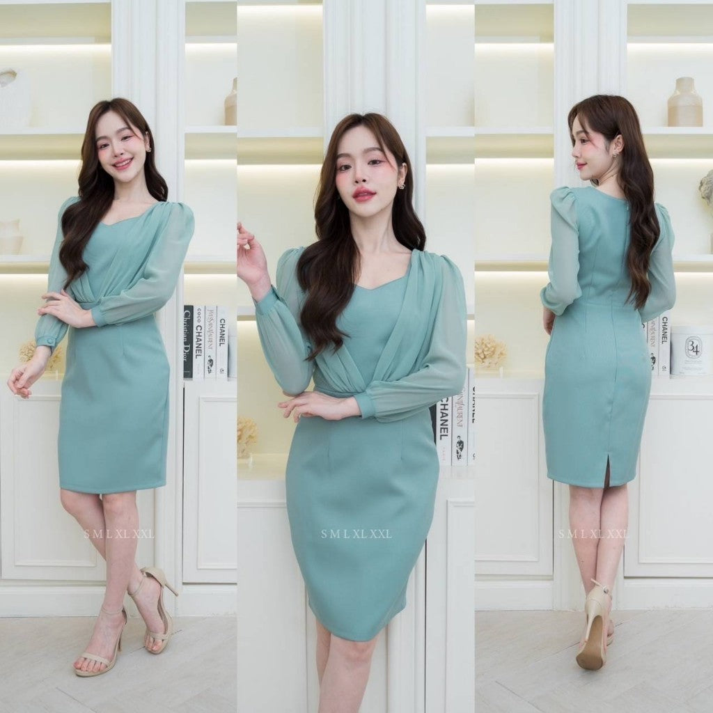 ชุดเดรสออกงาน ชุดราตรี เดรส Dress ชุดราตรี ชุดไปงานแต่ง ผ้ามอสเครป แขนยาวชีฟอง อกชีฟอง งานแต่งงาน Woman Dress Dresses