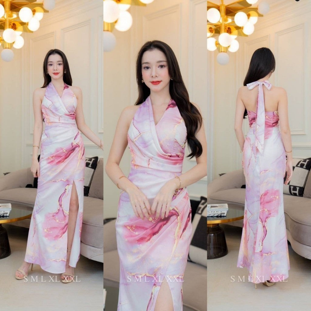 ชุดราตรี ชุดออกงาน เดรสยาว ชุดไปงานแต่ง ผ้าเครปซาติน พิมพ์ลาย คอถ่วง ผูกคอหลัง งานแต่งงาน Woman Dress Dresses