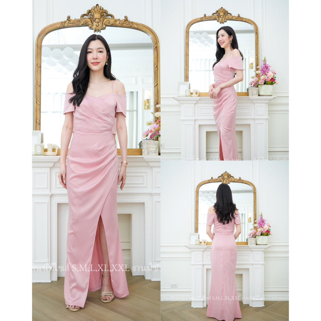 ชุดเดรสออกงาน ชุดราตรี เดรส Dress เดรสยาว มีแขน ผ้าเครปซาติน สวยหรู สง่างาม สายเดี่ยว โชว์ไหล่ รุ่นขายดี