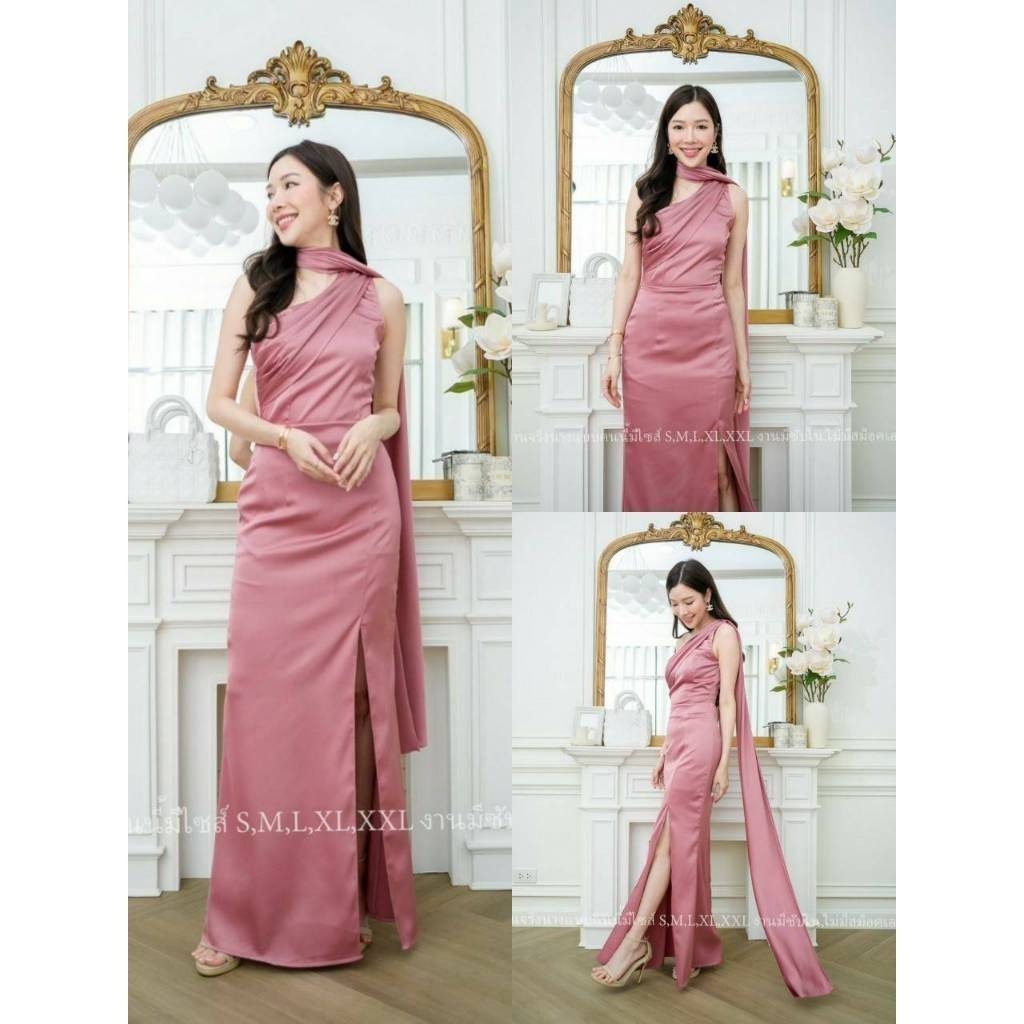 ชุดเดรสออกงาน ชุดราตรี เดรส Dress เดรสยาว ผ้าซาติน เรียบหรู สไบพันคอ ปล่อยได้ งานแต่งงาน ผู้หญิง มีซิปหลัง ซับใน