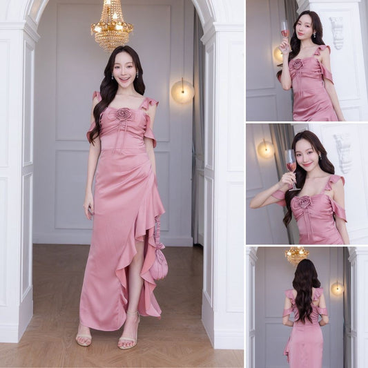 ชุดเดรส ชุดราตรี ชุดออกงาน DRESS VINA สายเกลียว 4 เส้น ดอกไม้ กระโปรงระบาย ชุดราตรียาว Woman Dresses