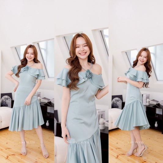 เดรสยาว ชุดออกงาน ชุดตรีม ธีมเขียว ชุดราตรี สีเขียวมิ้นท์อมฟ้า เดรสงานแต่ง พร้อมส่ง Dress Woman