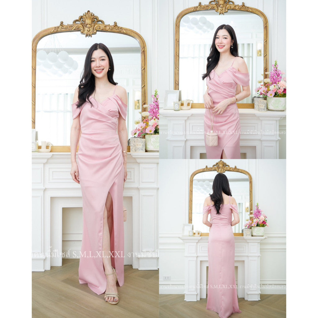 ชุดเดรสออกงาน ชุดราตรี เดรส Dress เดรสยาว พรีเมี่ยม ผ้าเครปซาติน ดีไซน์เก๋ มีหลายสี ซับใน ซิปหลัง