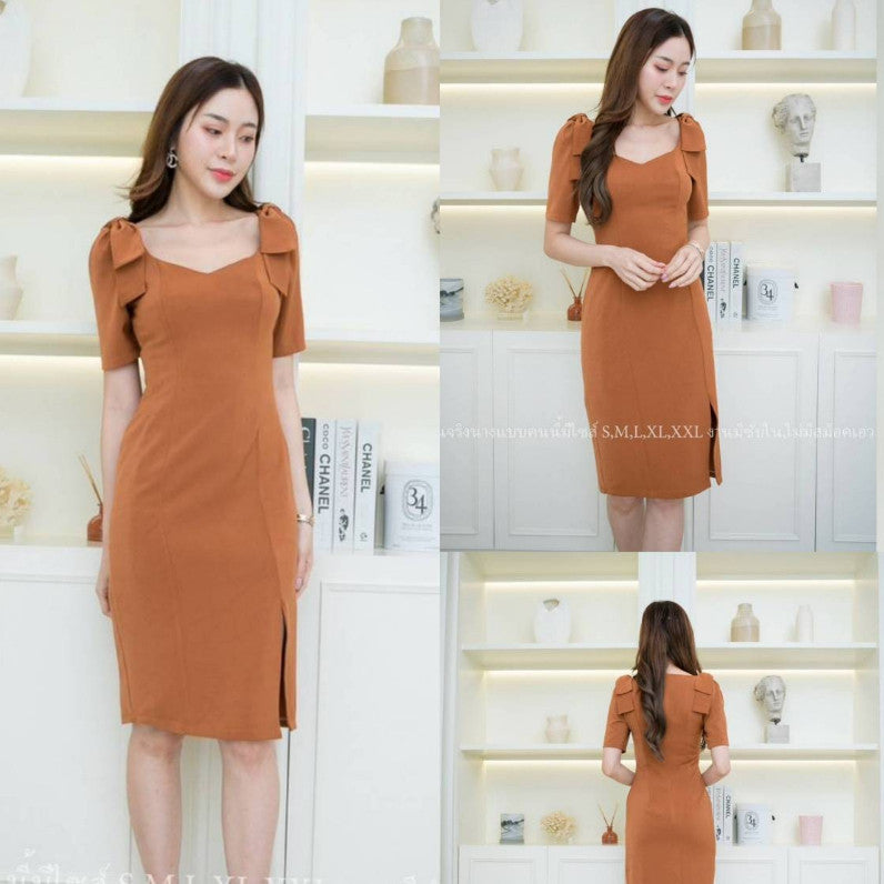 ชุดเดรสออกงาน ชุดราตรี เดรส Dress ชุดออกงาน เดรสสั้นแขนสั้น สีชมพู สีแดง สีฟ้า โบว์ งานแต่งงาน งานกลางวัน งานกลางคืน
