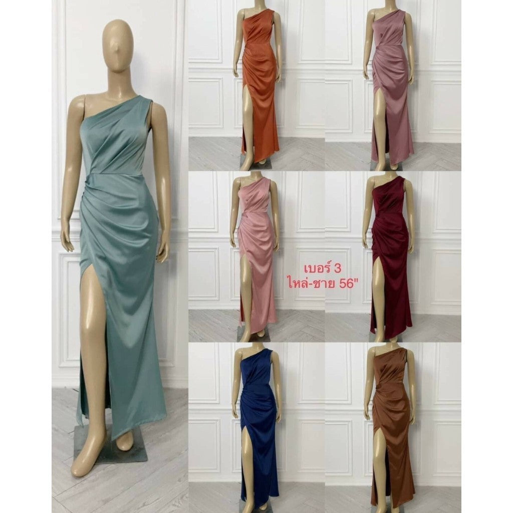 ชุดเดรสออกงาน ชุดราตรี เดรส Dress ผ้าเครปซาติน สวยหรู ไซส์ S-2XL ไหล่เฉียง พรางท้อง เดรสยาว Woman Lady Dresses