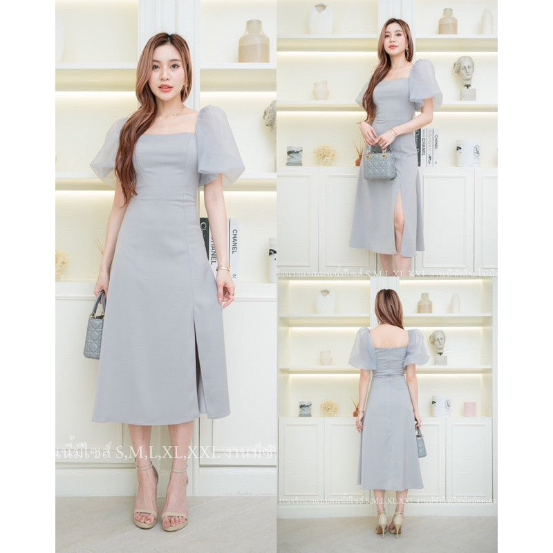 ชุดเดรสออกงาน ชุดราตรี เดรส Dress ชุดเดรส แขนพอง เดรสยาว ชุดออกงาน ชุดราตรี ผ้าออแกนดี้ ไซส์ S M L XL XXL งานแต่งงาน