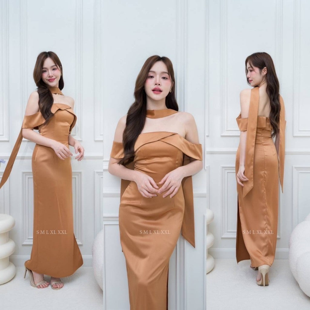 ชุดเดรสออกงาน ชุดราตรี เดรส Dress Gleam ผ้าเครป ซาติน ชุดไปงานแต่ง เปิดไหล่ สายอ้อมแขน แถมสาย Woman