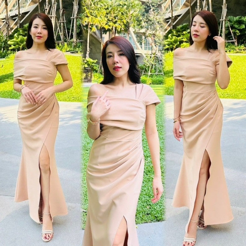 ชุดเดรสออกงาน ชุดราตรี เดรส Dress Daisy ชุดออกงาน เดรสยาว เกาะอกระบาย ปาดไหล่2ข้าง ชุดราตรี Woman